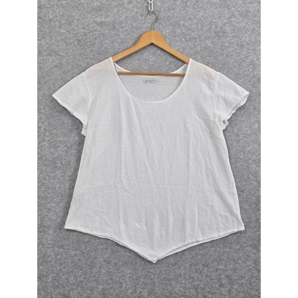 Gauzey L White Cotton Gauze Cap Sleeve Asymetrical Hem Lagenlook Beachy Top